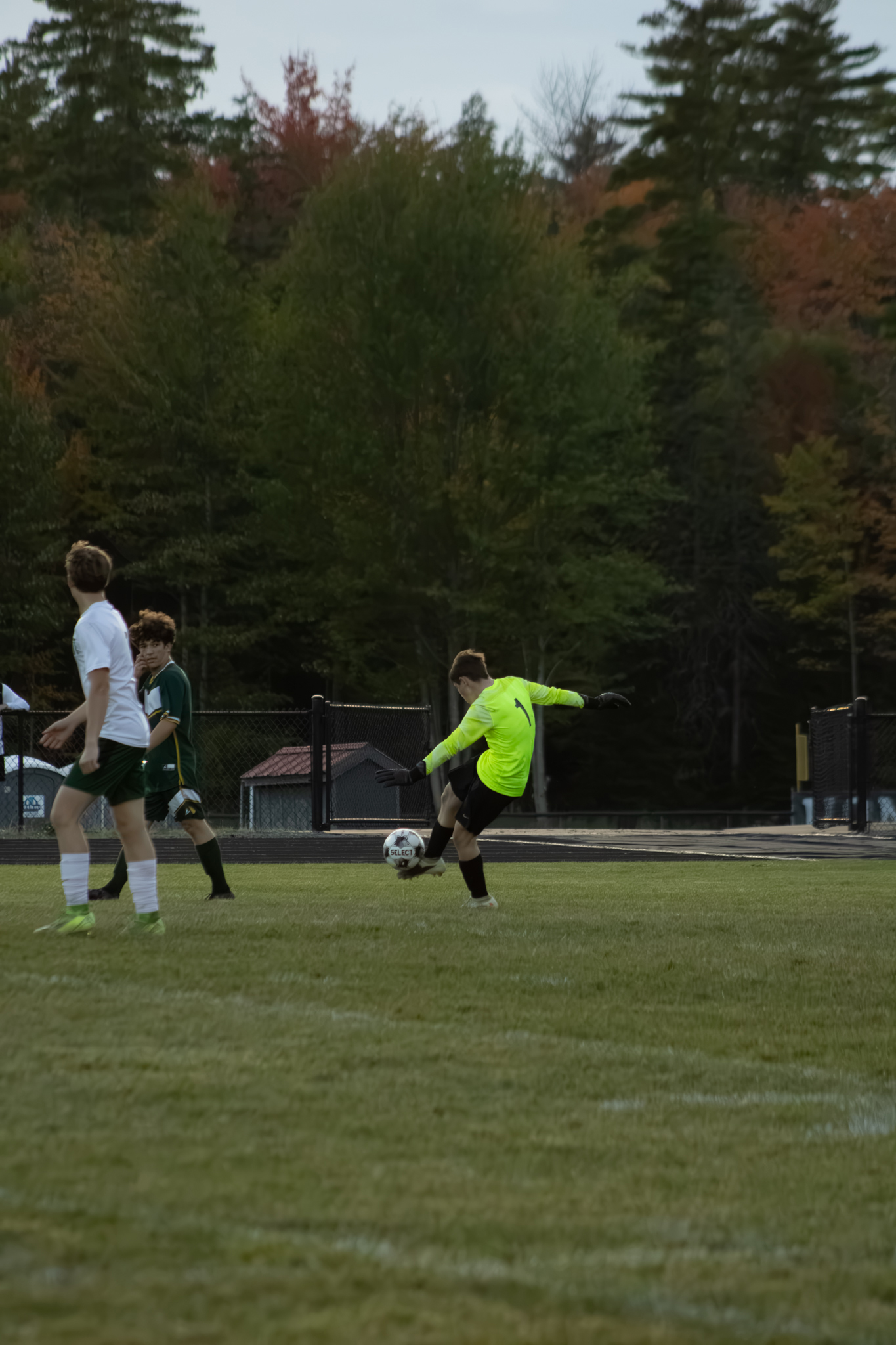 Avery taking a goal kick during an autumn soccer match